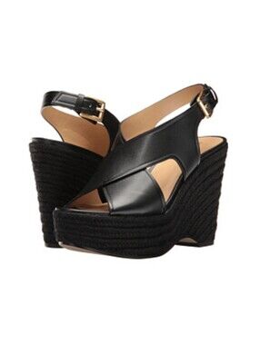 MICHAEL Michael Kors Angeline Jute & Leather Platform Wedge Sandal in Black